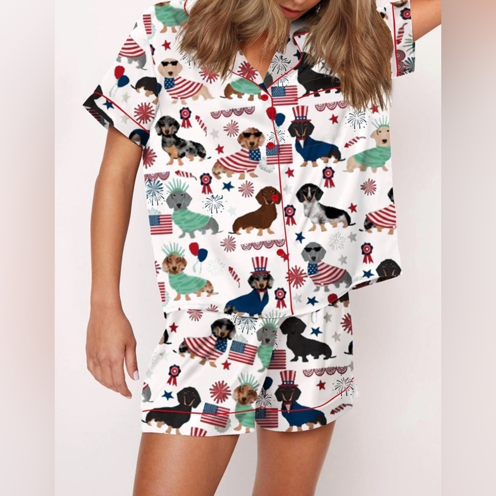 Dauchshund Dog Pajamas set button down shirt & shorts set 4th of July XXL​